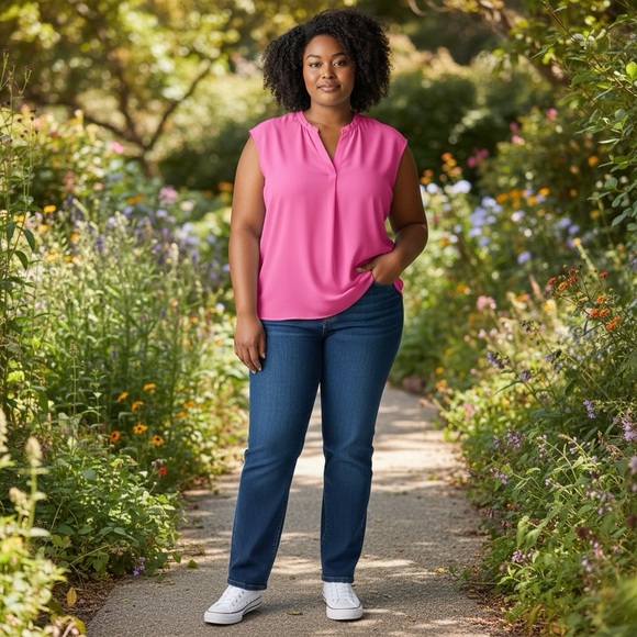 ELOQUII Tops - ELOQUII Women Bright Pink Short Sleeve Blouse 20 Plus Barbiecore Semi Sheer‎